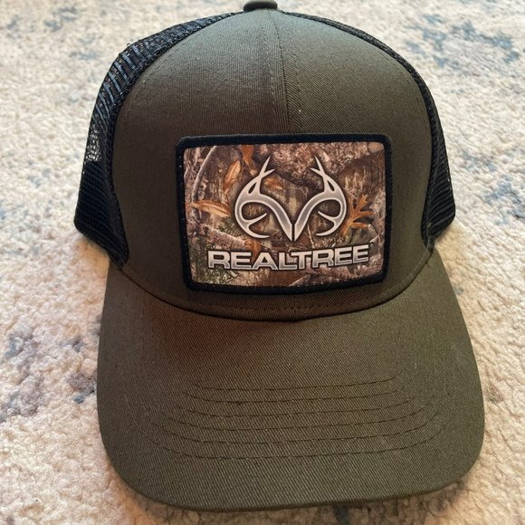 REALTREE | NWT Olive Army Green & Black Mesh Snapback Hat Camo Antler Logo Patch - Picture 2 of 8